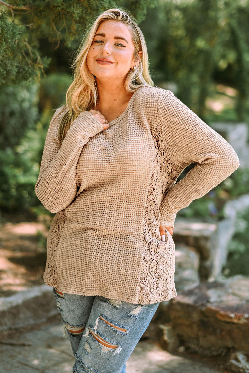 Haut en dentelle épissée en tricot gaufré grande taille