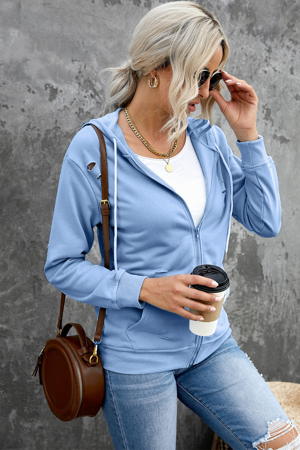 Kapuzenpullover im Used-Look mit Reißverschluss und Kordelzug