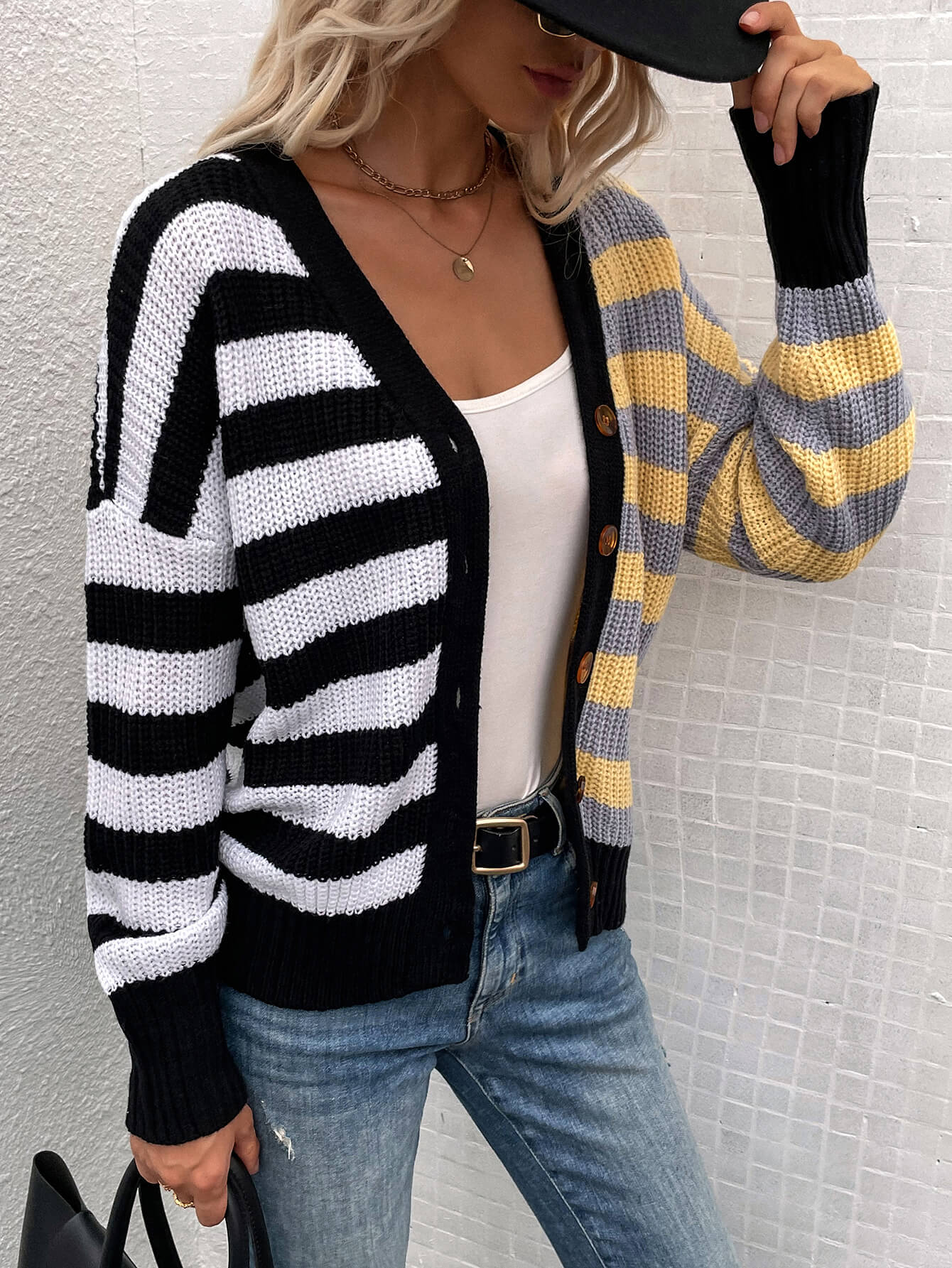 Striped Color Block Button Down Cardigan