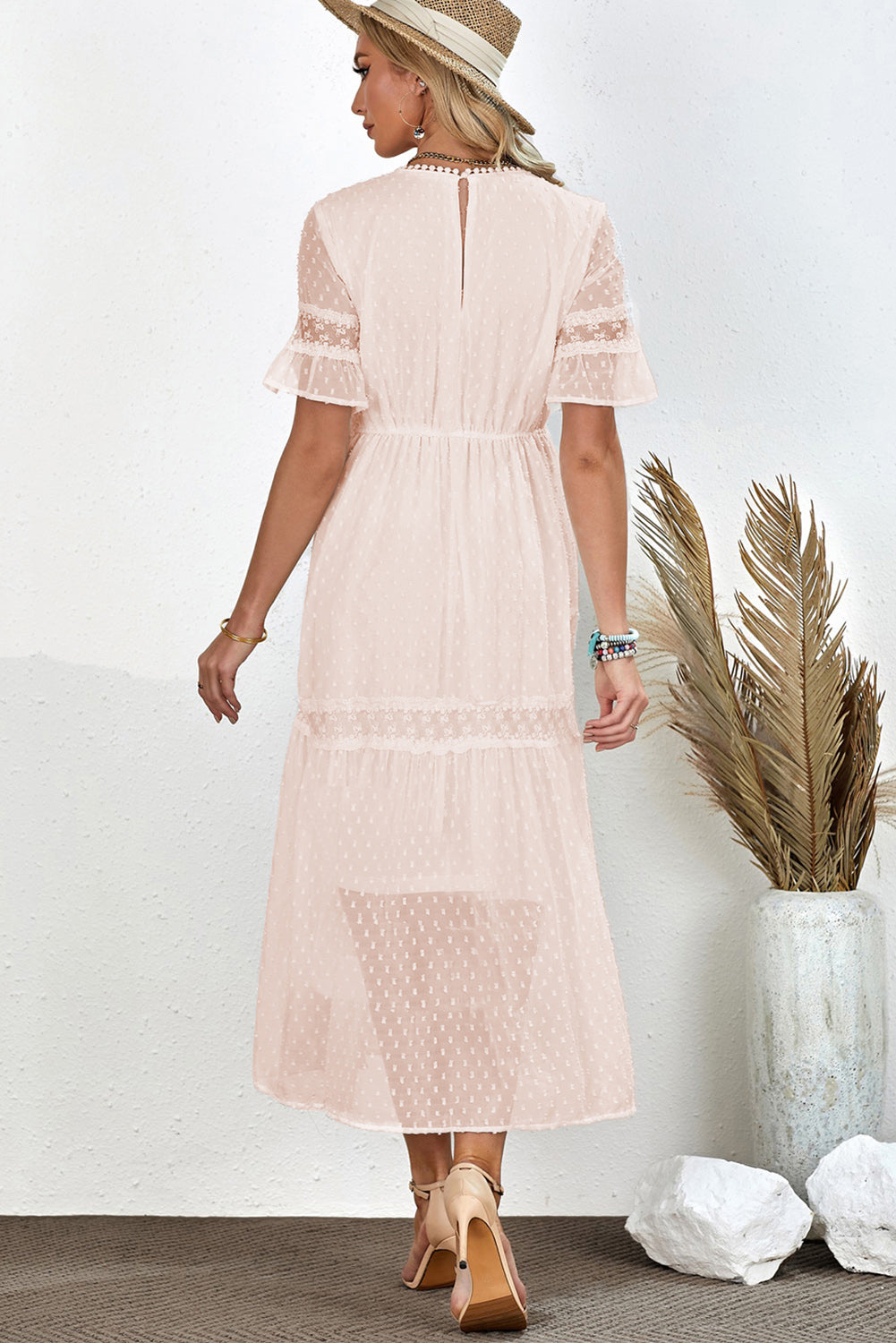 swiss dot midi dress Swiss Dot Smocked Round Neck Short Sleeve Midi Dress