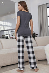 Curved Hem Short Sleeve Top Plaid Pants Lounge Set