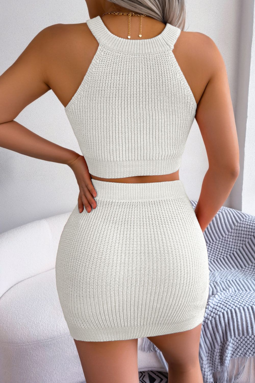 Heart Contrast Ribbed Sleeveless Knit Top Skirt Set