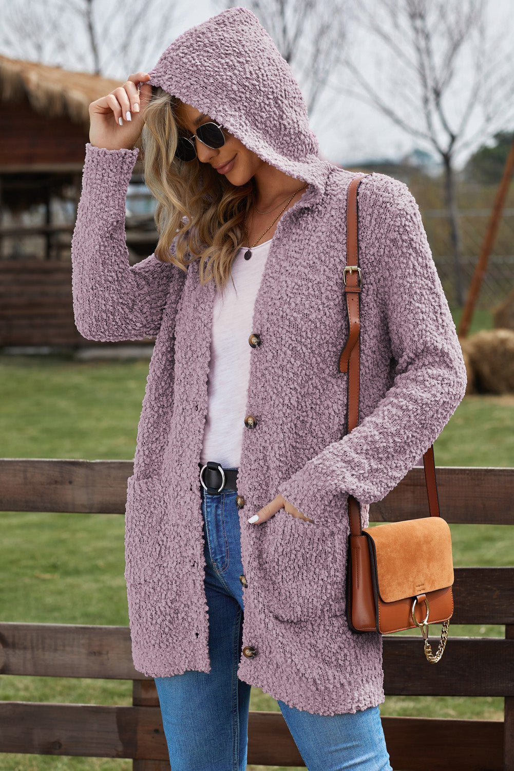 Cardigan à capuche à manches longues en tricot popcorn