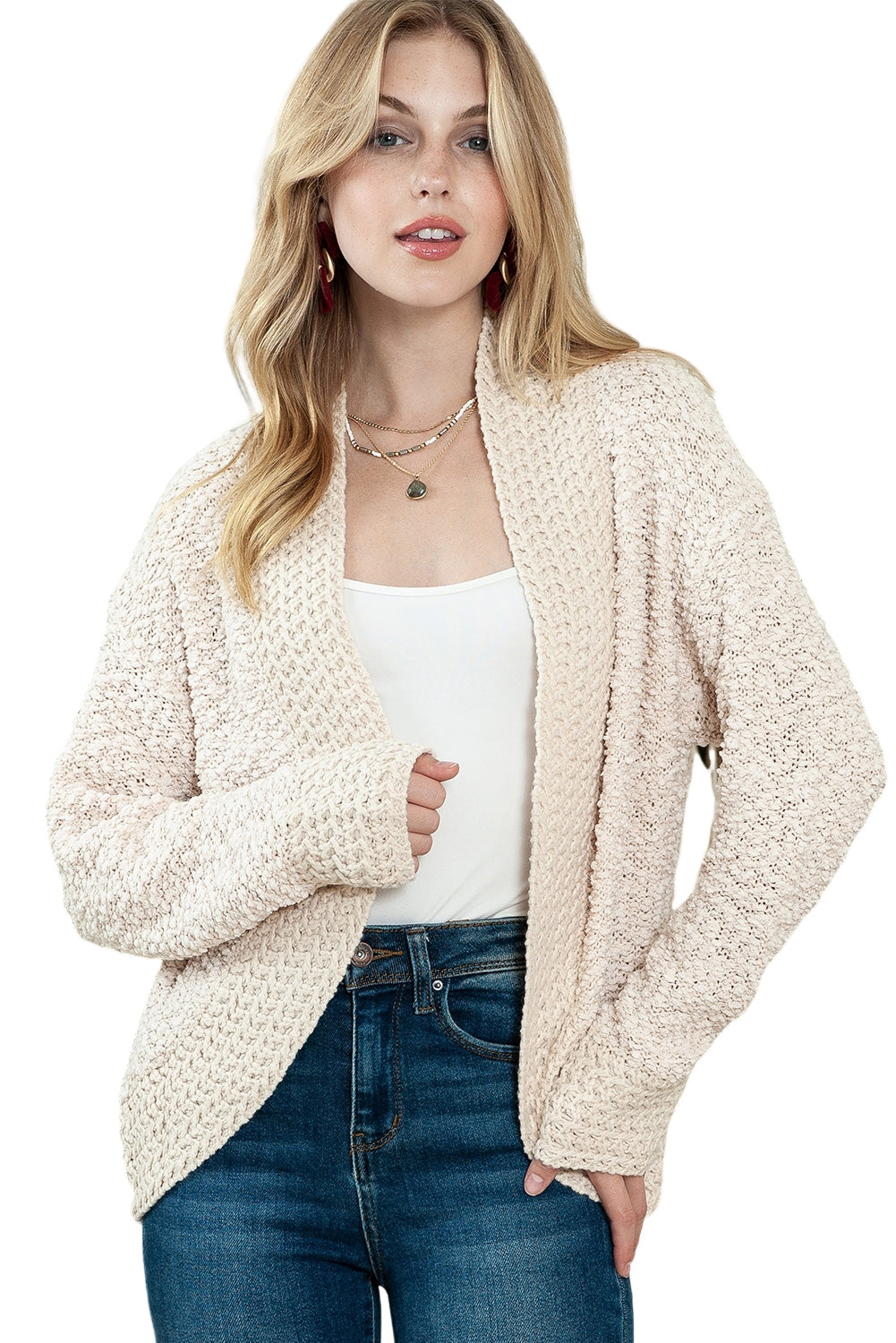 Apricot Popcorn Knit Open Front Cardigan