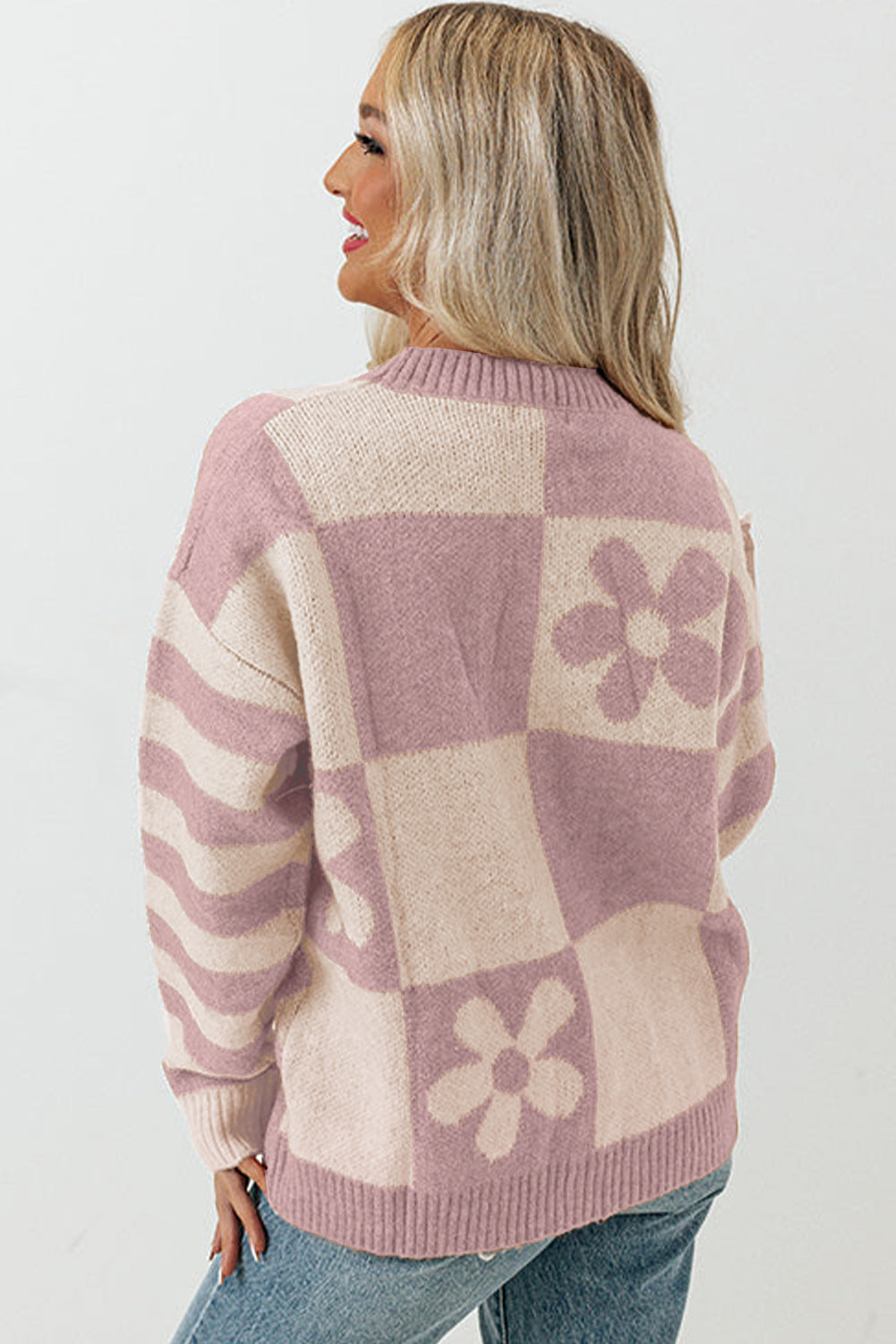 Brown Checkered Striped Knitted Pullover Sweater