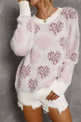 Heart Print Pearl Detail Fuzzy Sweater