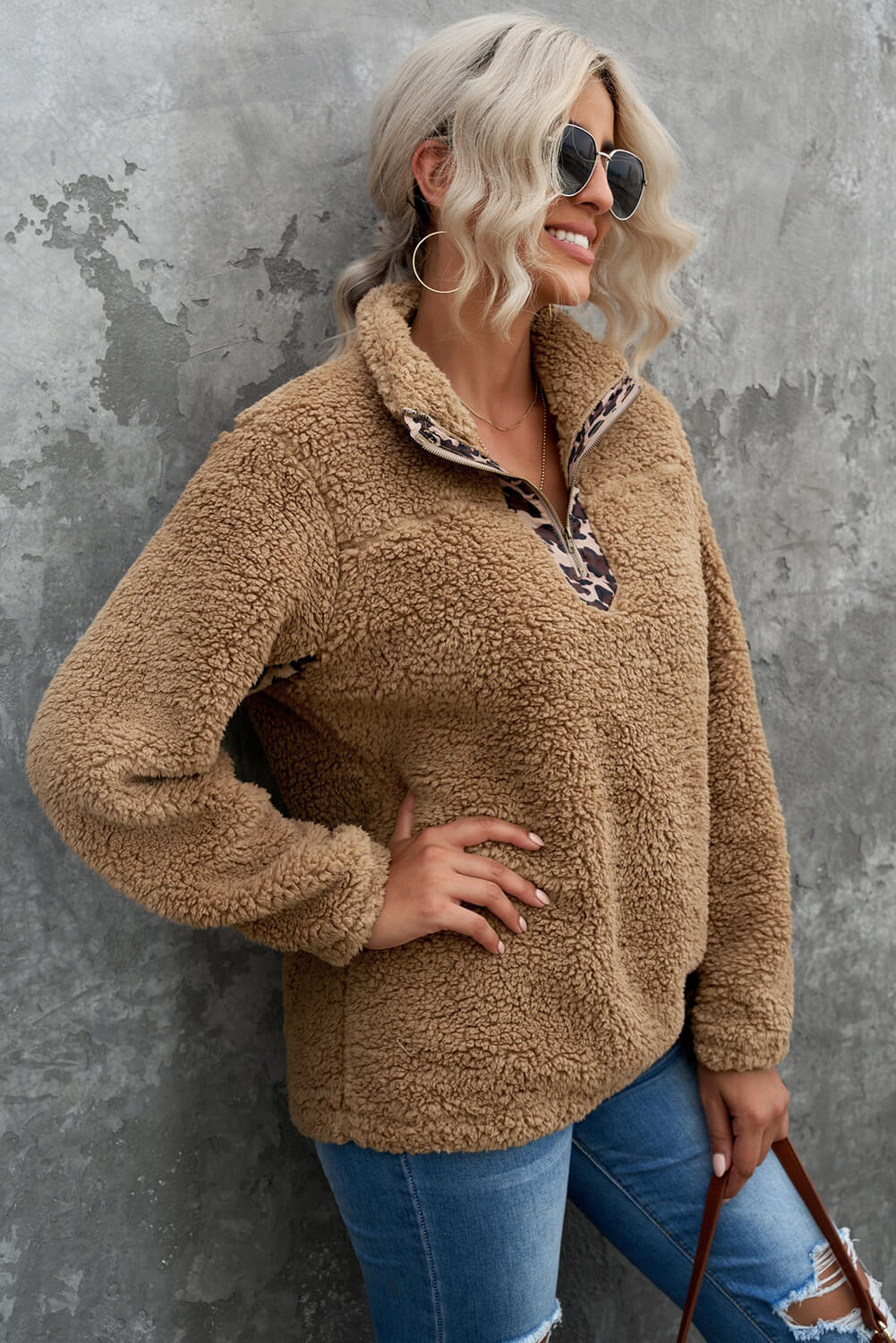 Animal Print Quarter-Zip Sherpa Sweatshirt