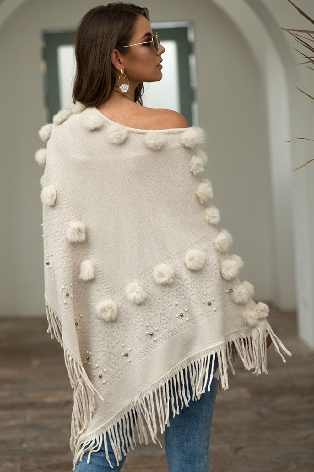 Bead Trim Boat Neck Fringed Poncho