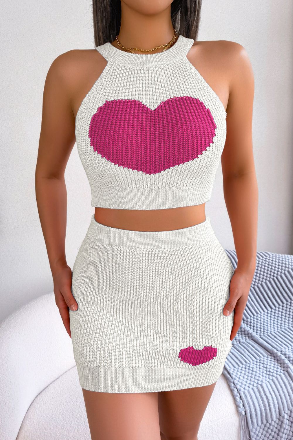 Heart Contrast Ribbed Sleeveless Knit Top Skirt Set