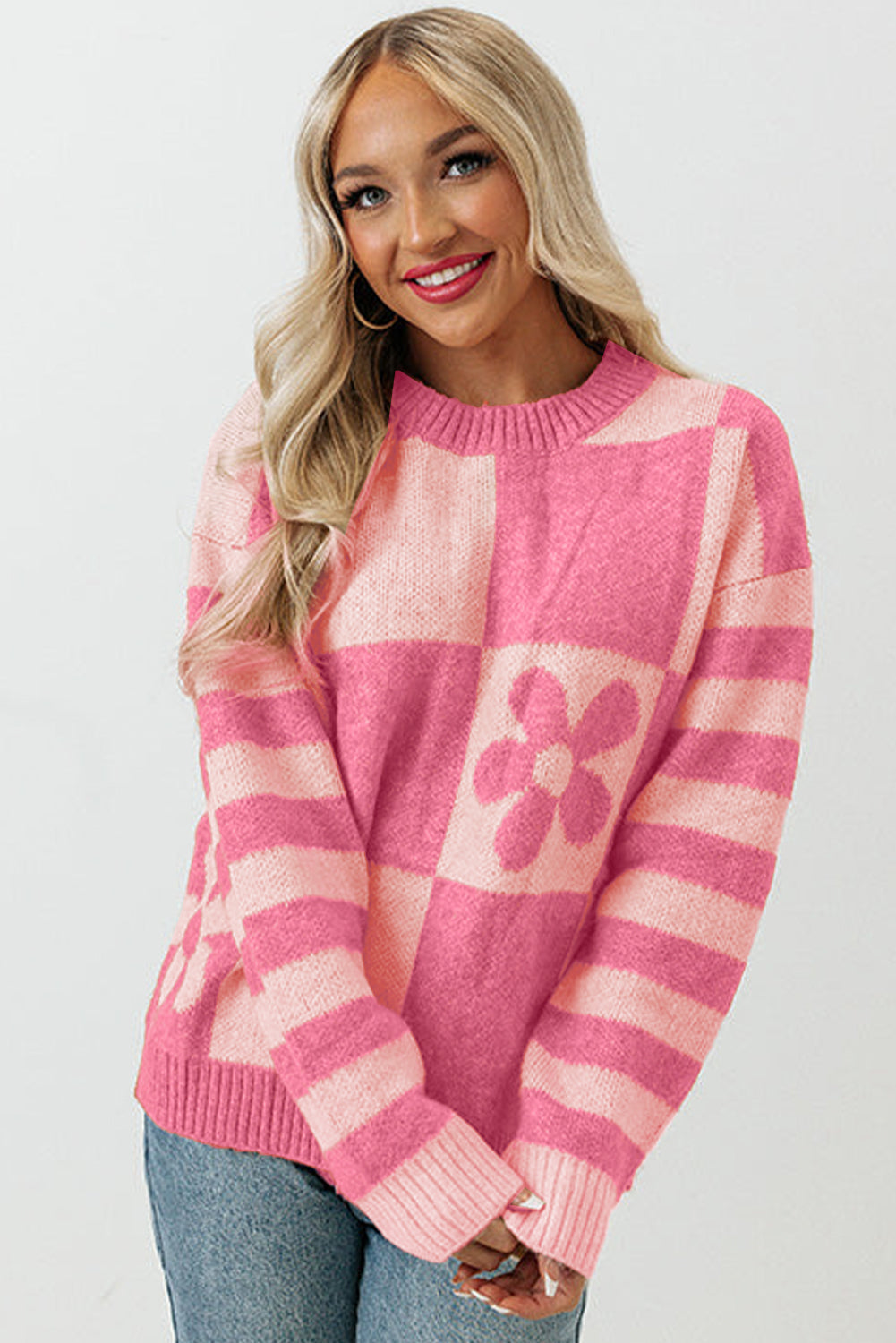 Brown Checkered Striped Knitted Pullover Sweater