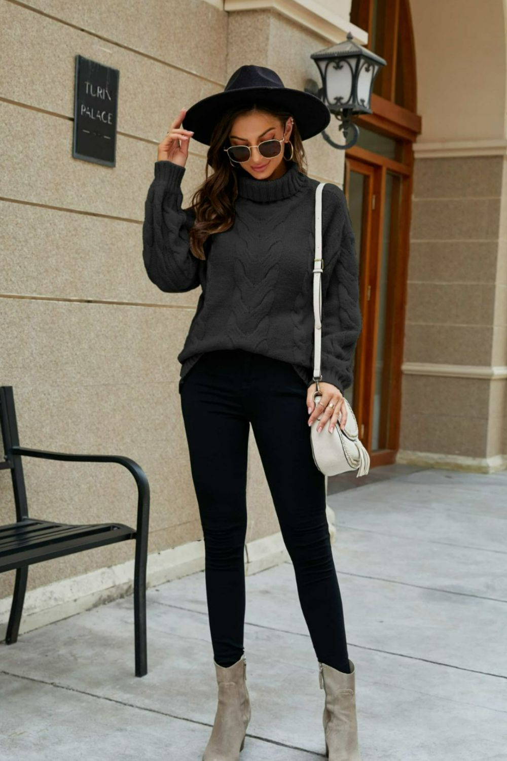 Cable-Knit Turtleneck Lantern Sleeve Sweater