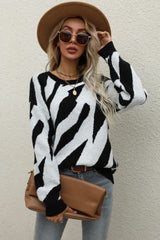 Animal Print Round Neck Dropped Shoulder Sweater