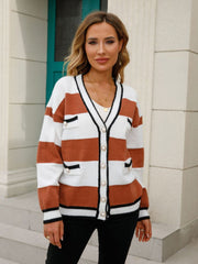 Striped Contrast Button-Up Cardigan