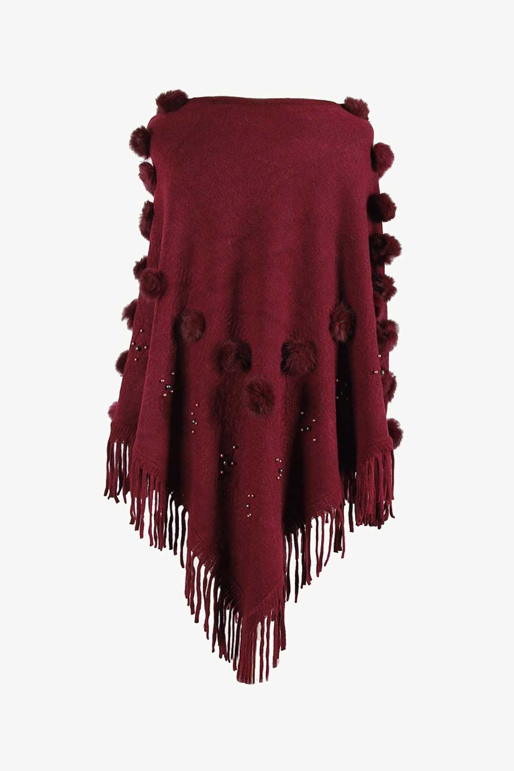 Bead Trim Boat Neck Fringed Poncho