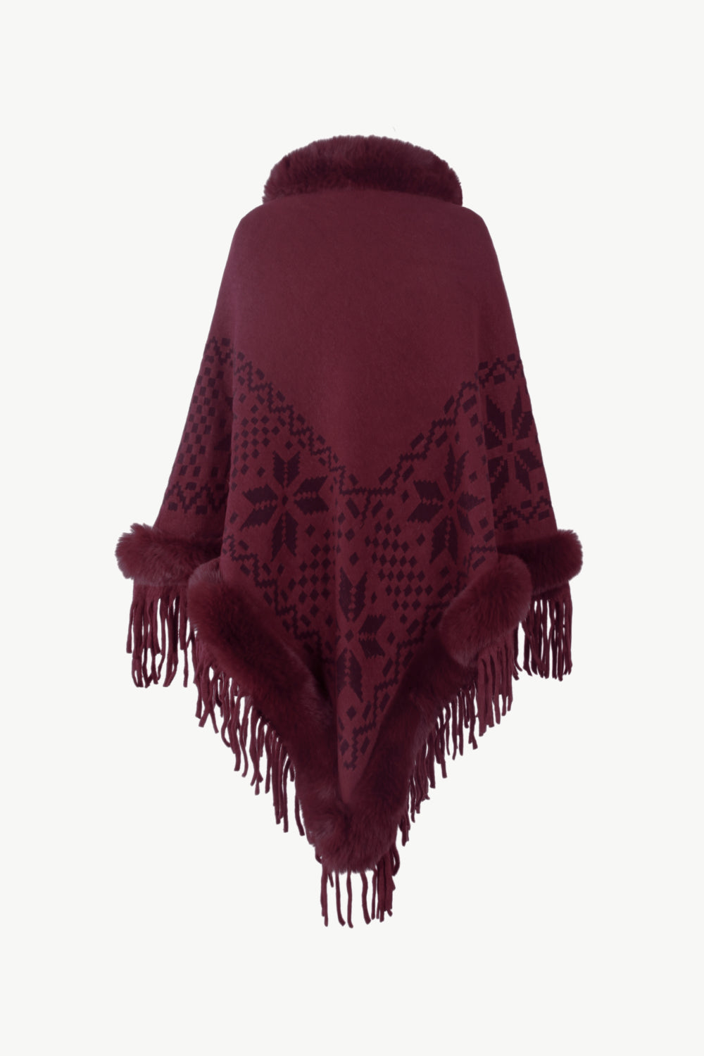 Patterned Faux Fur Trim Fringe Hem Poncho