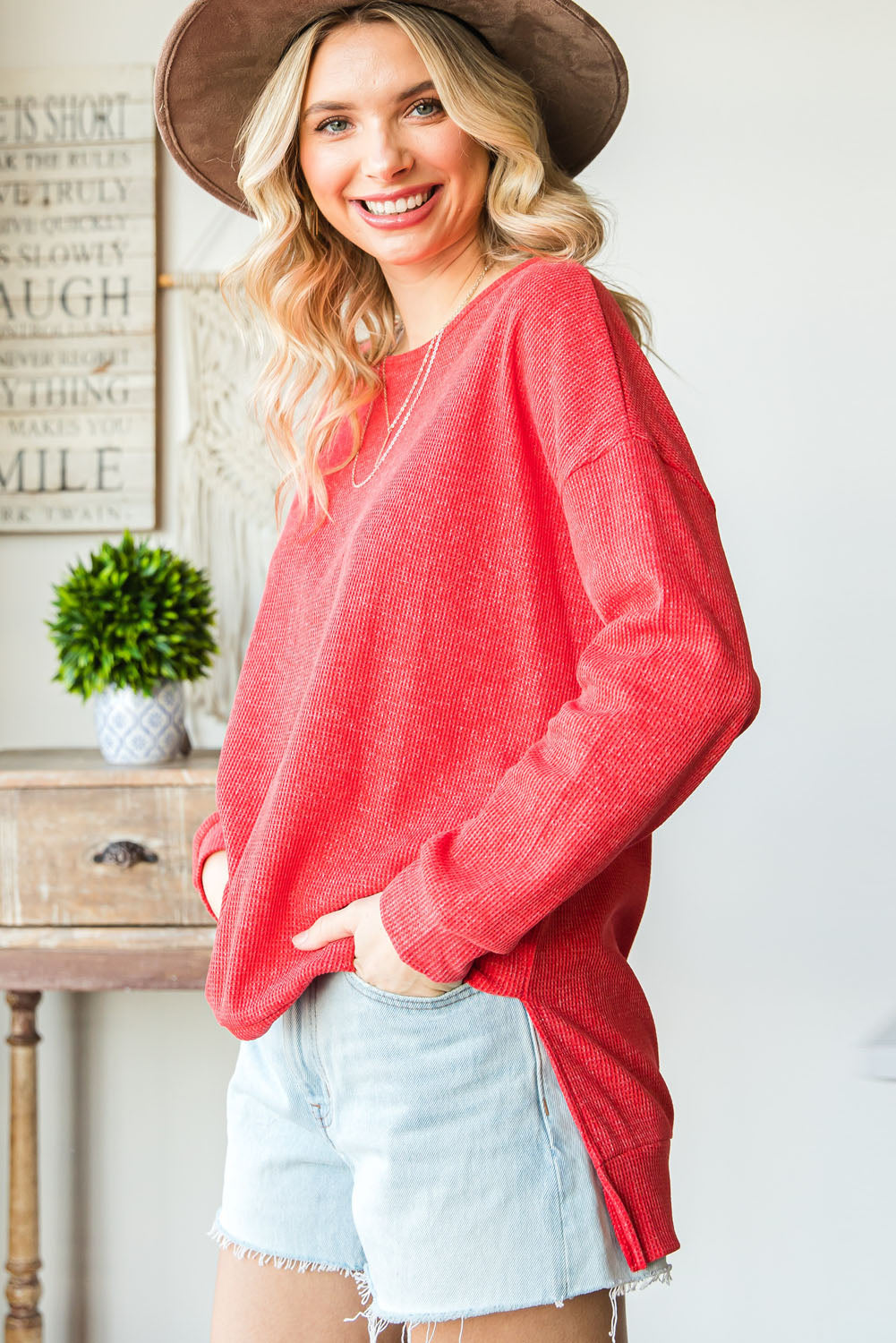 Round Neck Drop Shoulder Slit Tunic Sweatshirt