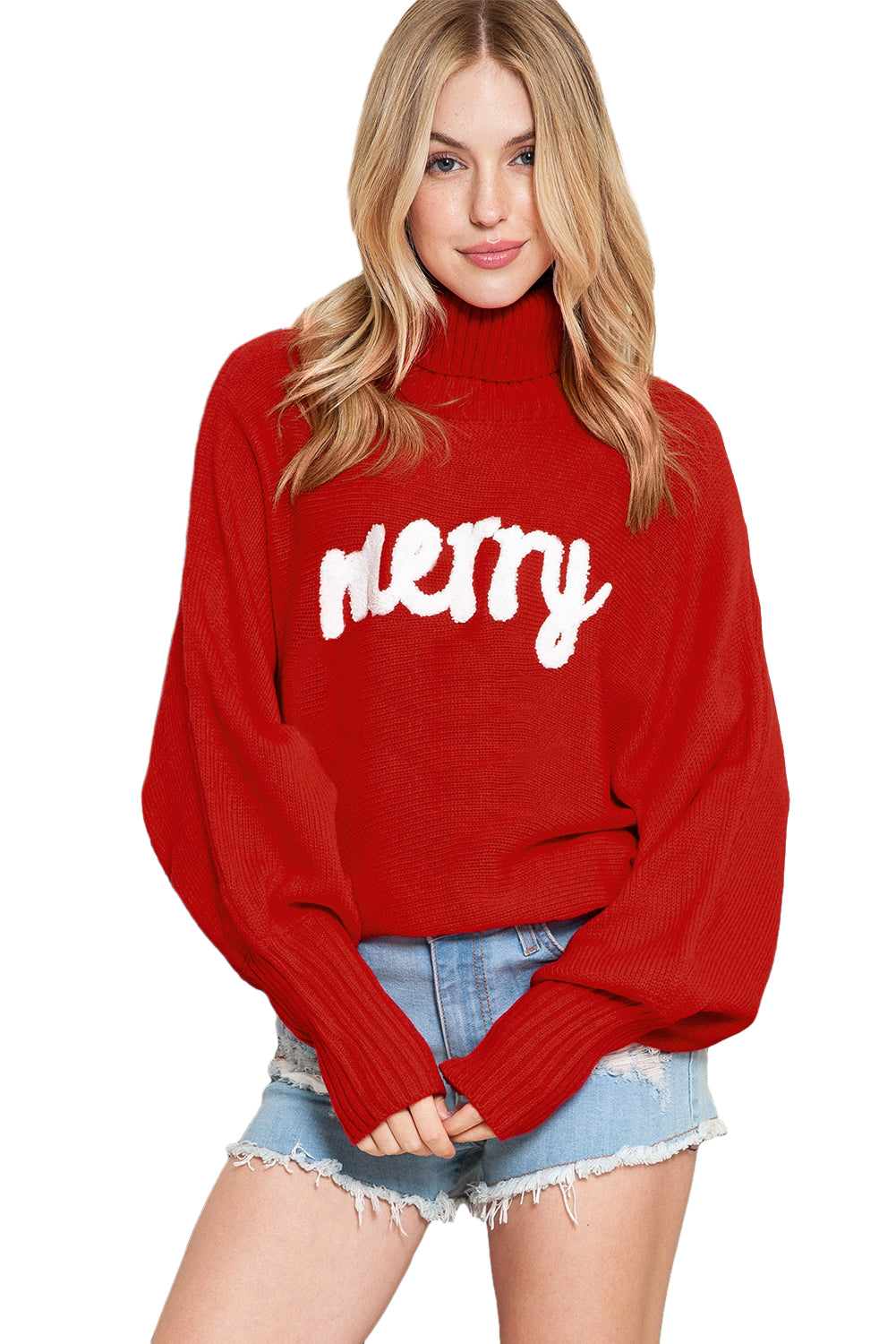 Pull rouge à col roulé et manches chauve-souris « Joyeux Noël »