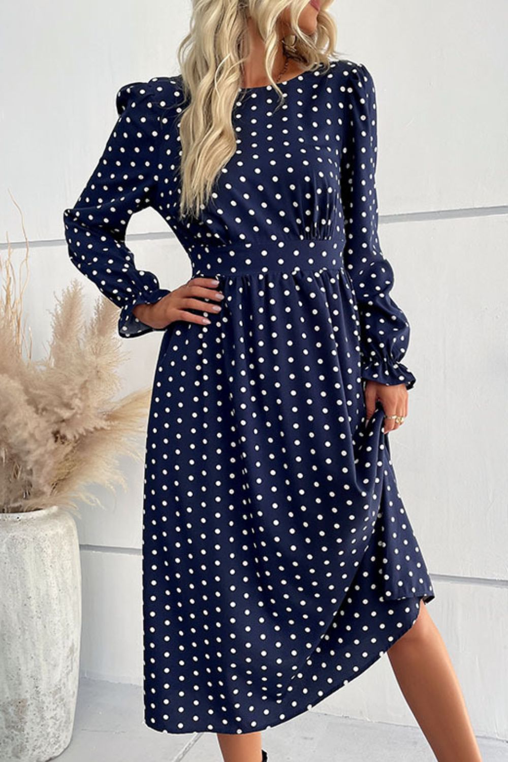 Polka Dot Long Flounce Sleeve Midi Dress