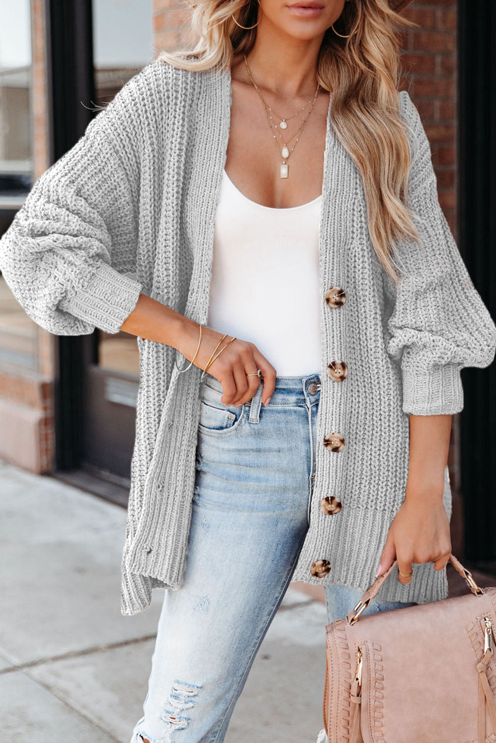 Khakifarbene, einfarbige, lässige Strickjacke mit Knöpfen