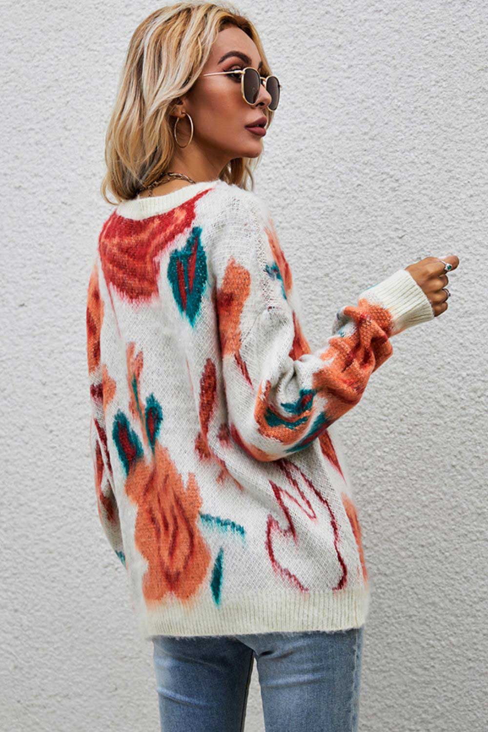 Printed Round Neck Dropped Shoulder Sweater