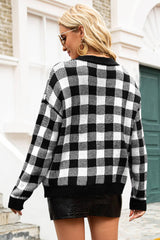 Cardigan à carreaux, col en V et épaules tombantes