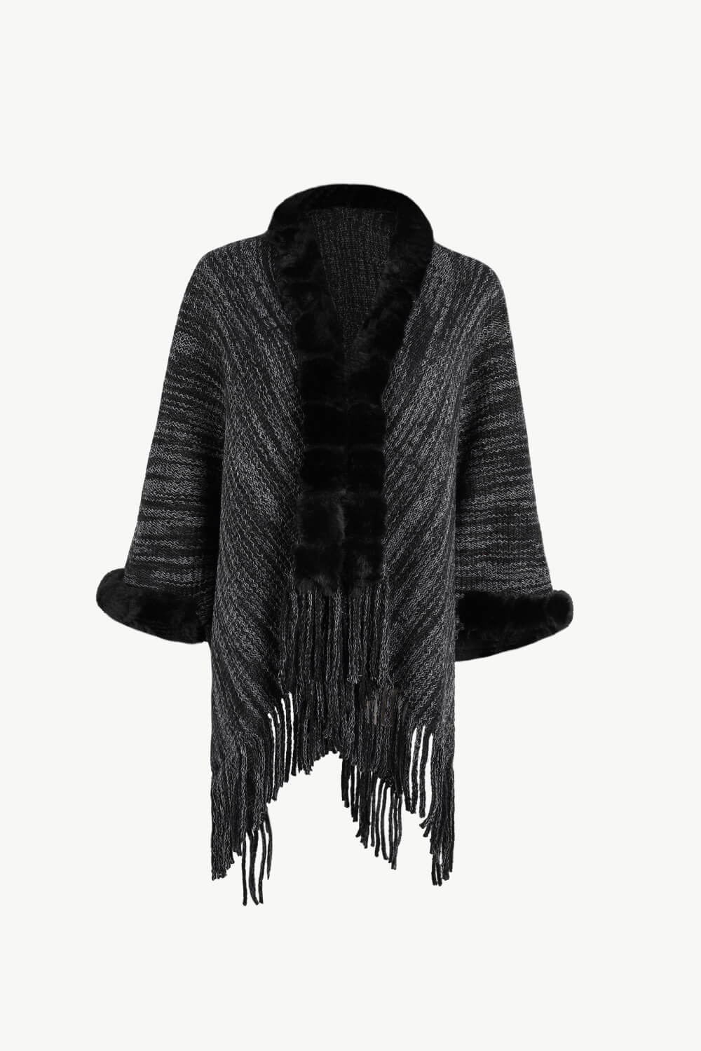 Heathered Faux Fur Fringe Hem Poncho