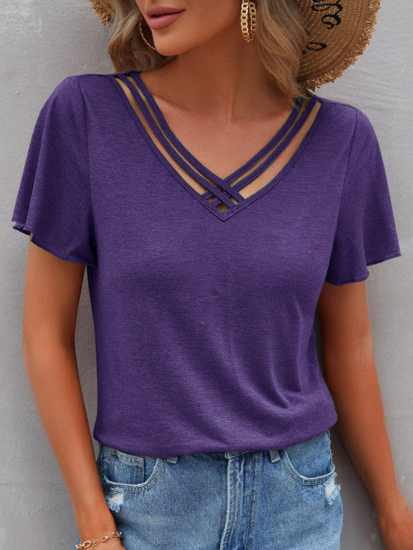 Solid Color Ruffle Sleeve Short Sleeve Top T-Shirt