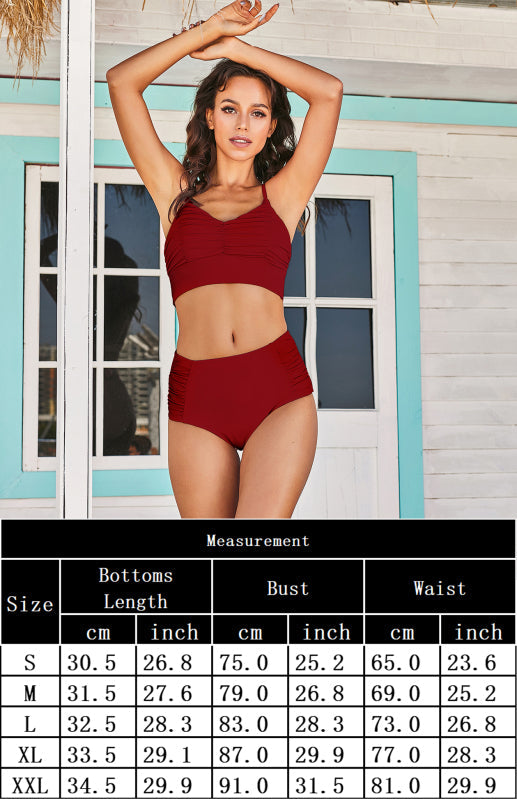 Stretch Gathered Without Underwire Adjustment Shoulder Strap Top & High Waist Bikini Set