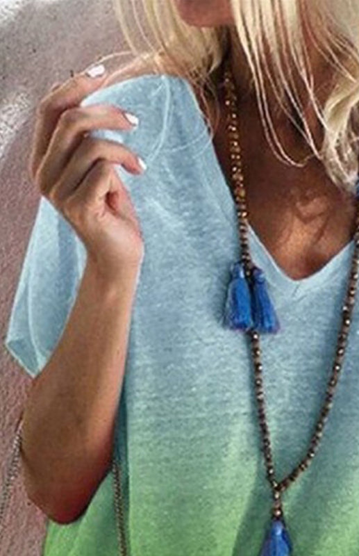 V-Neck Drop-Shoulder Sleeves Short Sleeve Gradient Top
