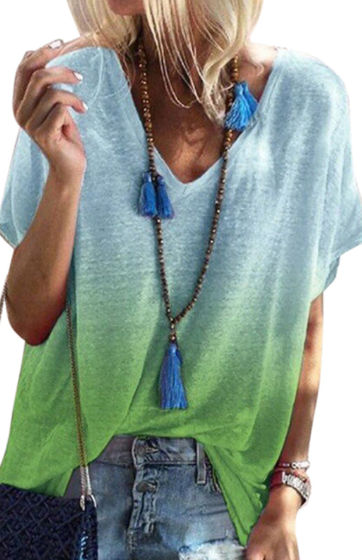 V-Neck Drop-Shoulder Sleeves Short Sleeve Gradient Top