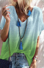 V-Neck Drop-Shoulder Sleeves Short Sleeve Gradient Top