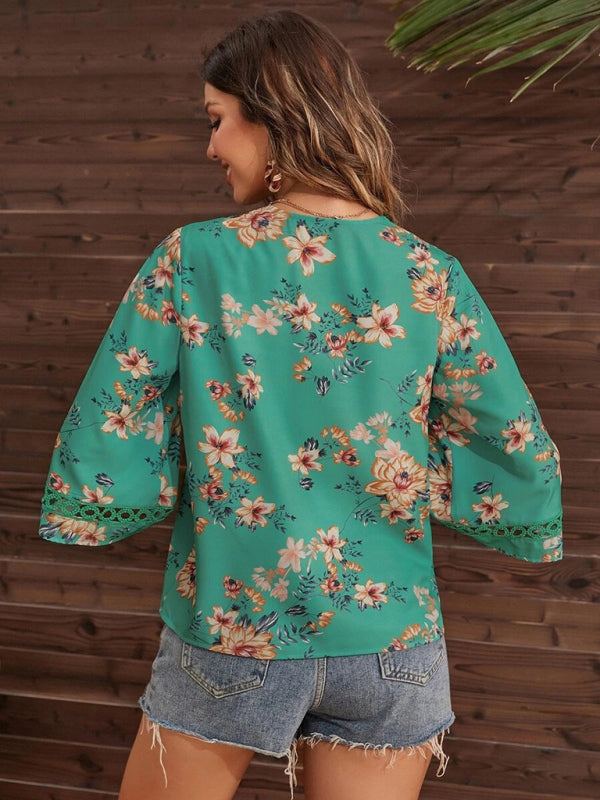 V-neck printed patchwork lace flared sleeve top