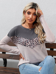 Damen Langarm-T-Shirt mit Leopardenmuster und gestreiften Nähten 