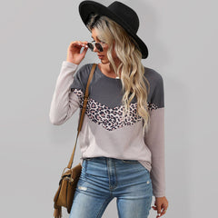 Damen Langarm-T-Shirt mit Leopardenmuster und gestreiften Nähten 