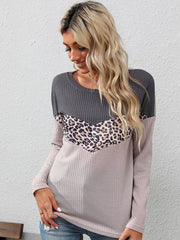 Damen Langarm-T-Shirt mit Leopardenmuster und gestreiften Nähten 