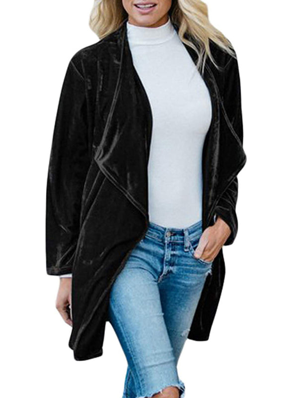 Lässiger Damen Trenchcoat aus goldenem Samt mit großem Revers in mittlerer Länge 