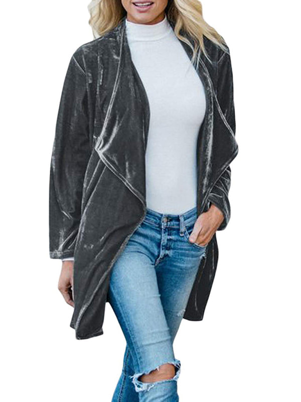 Lässiger Damen Trenchcoat aus goldenem Samt mit großem Revers in mittlerer Länge 
