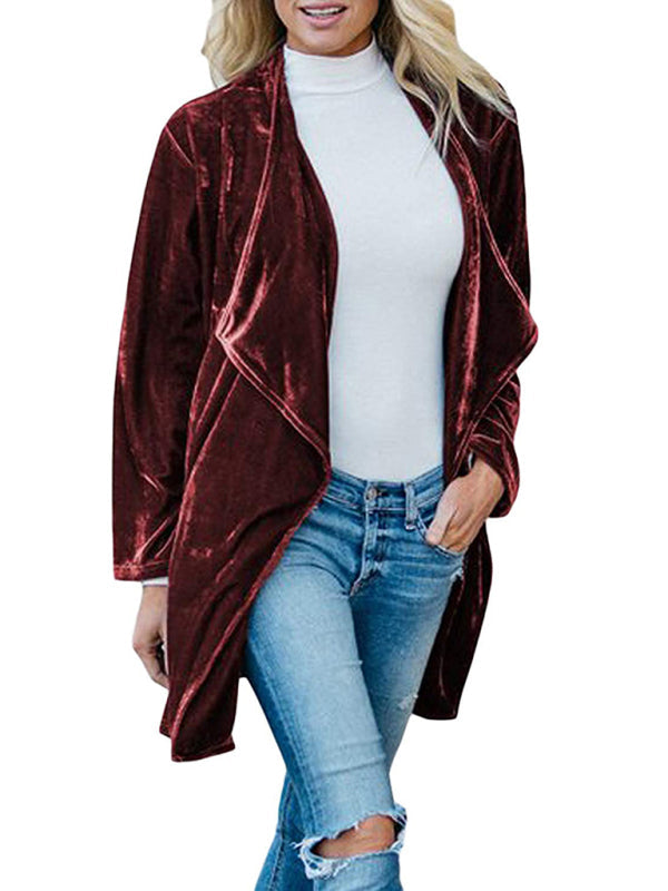 Lässiger Damen Trenchcoat aus goldenem Samt mit großem Revers in mittlerer Länge 
