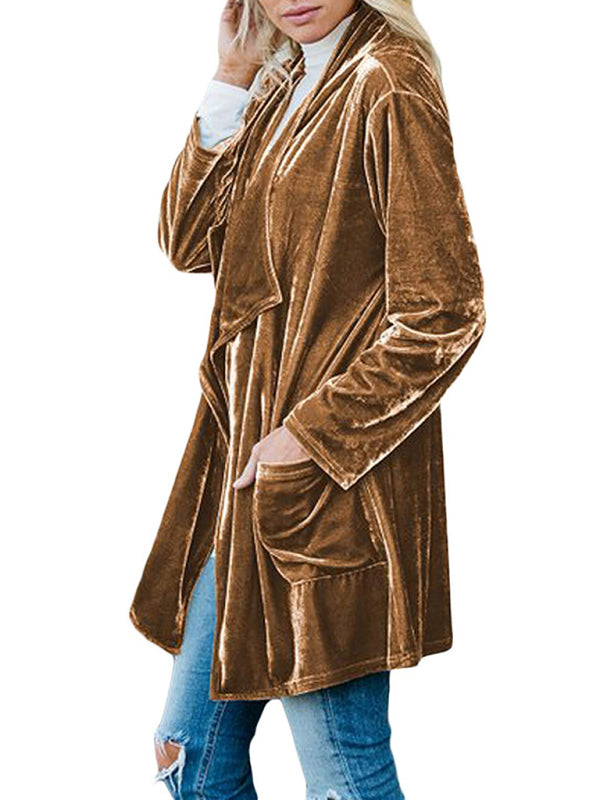 Lässiger Damen Trenchcoat aus goldenem Samt mit großem Revers in mittlerer Länge 