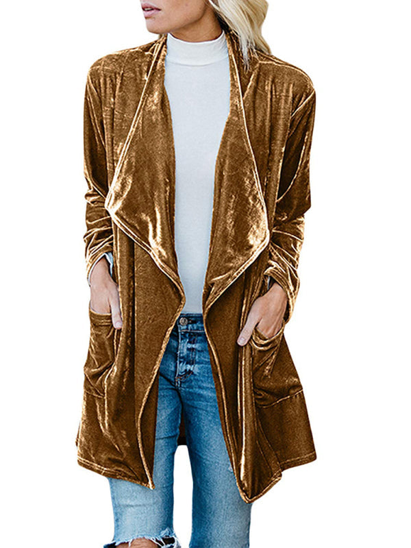 Lässiger Damen Trenchcoat aus goldenem Samt mit großem Revers in mittlerer Länge 