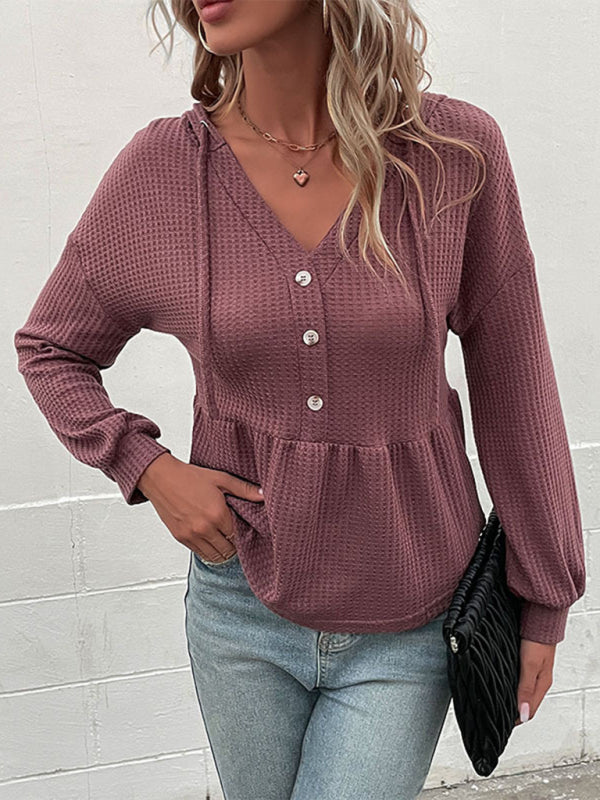 Damen Strick-Kapuzen-Langarmshirt mit V-Ausschnitt und Waffelmuster 