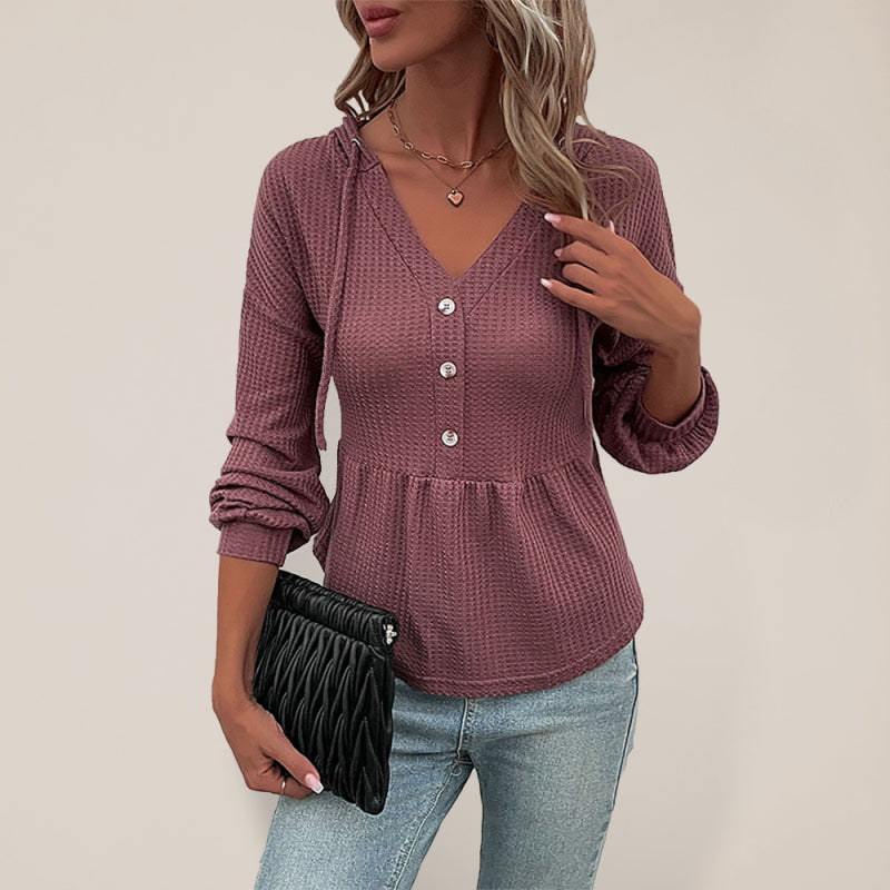 Damen Strick-Kapuzen-Langarmshirt mit V-Ausschnitt und Waffelmuster 
