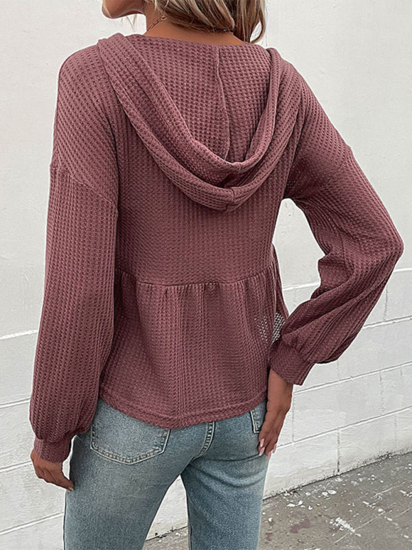 Damen Strick-Kapuzen-Langarmshirt mit V-Ausschnitt und Waffelmuster 