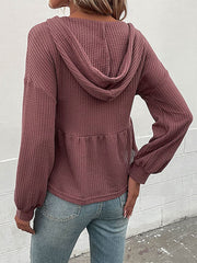 Damen Strick-Kapuzen-Langarmshirt mit V-Ausschnitt und Waffelmuster 