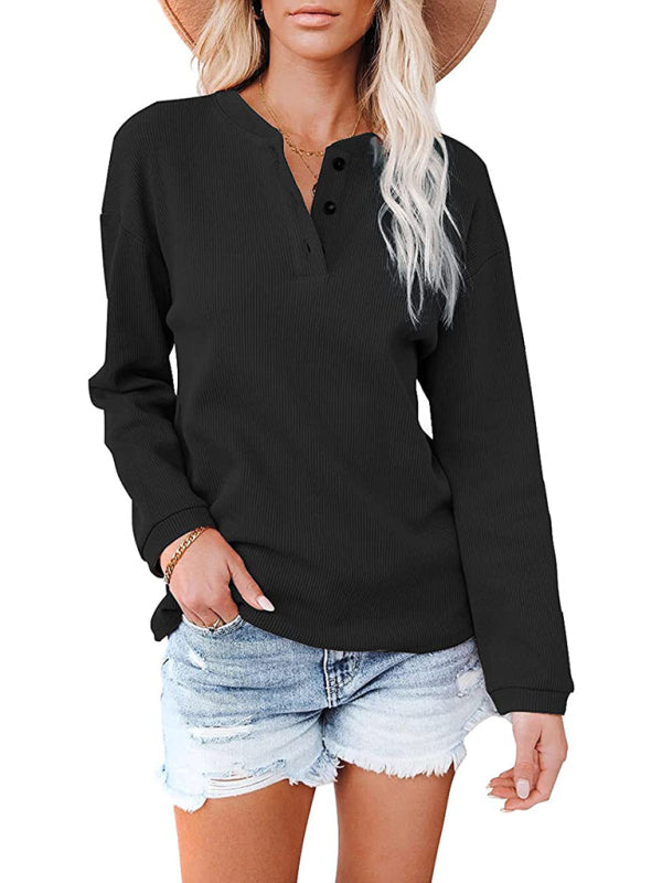 Damen Amazon Hot Style V-Ausschnitt Einfarbig Langarm Top T-Shirt 