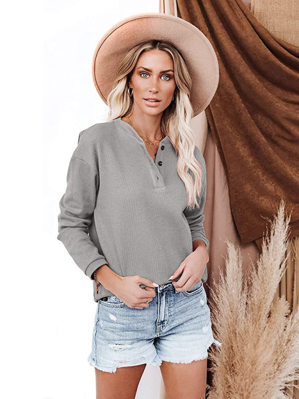 Damen Amazon Hot Style V-Ausschnitt Einfarbig Langarm Top T-Shirt 