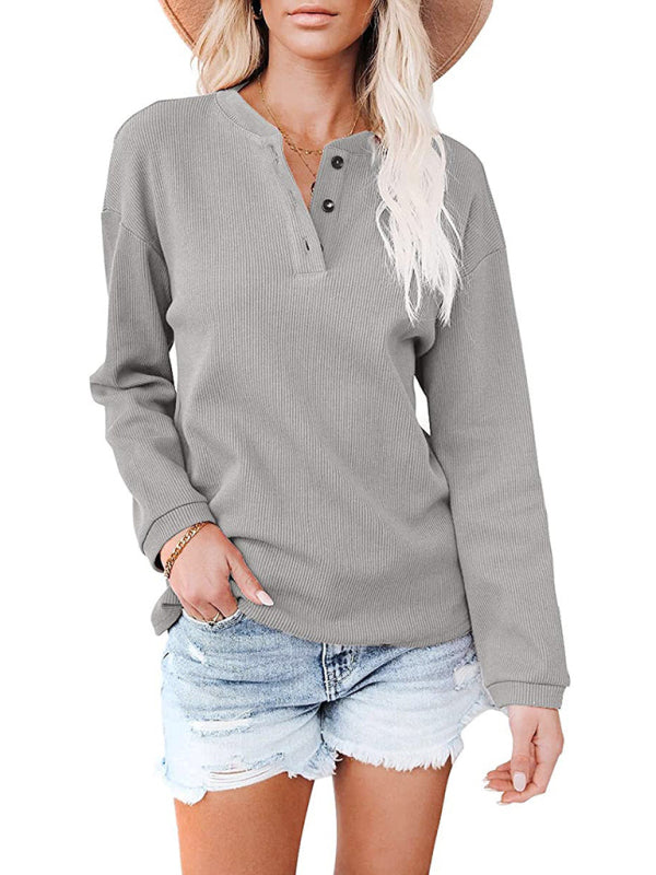 Damen Amazon Hot Style V-Ausschnitt Einfarbig Langarm Top T-Shirt 