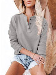 Damen Amazon Hot Style V-Ausschnitt Einfarbig Langarm Top T-Shirt 