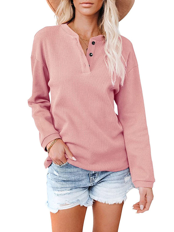 Damen Amazon Hot Style V-Ausschnitt Einfarbig Langarm Top T-Shirt 