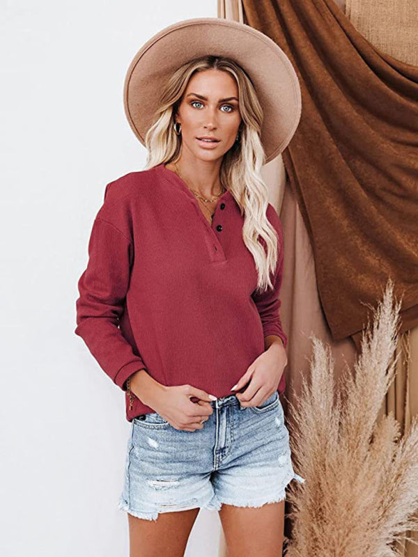 Damen Amazon Hot Style V-Ausschnitt Einfarbig Langarm Top T-Shirt 